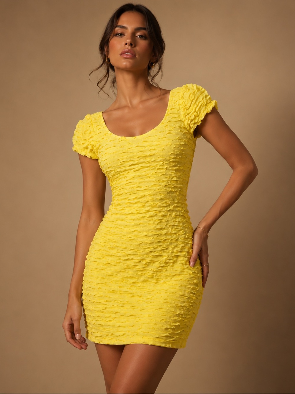 Cartise Yellow Textured Bodycon Dress Size 6 Y2K Cocktail Party Statement